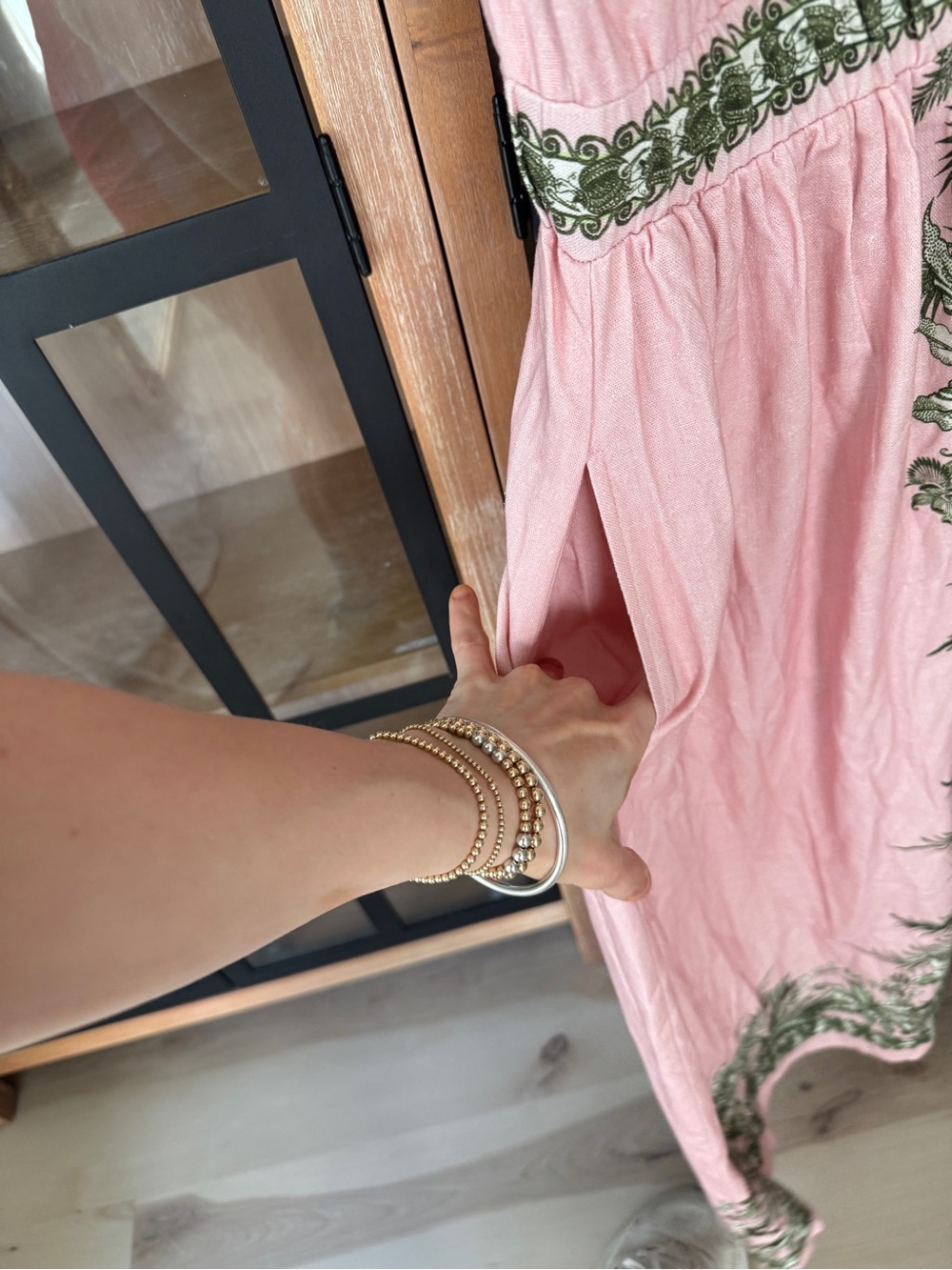 Linen maxi dress button down shirt collar tropical palm print pockets blush - Picture 14 of 15